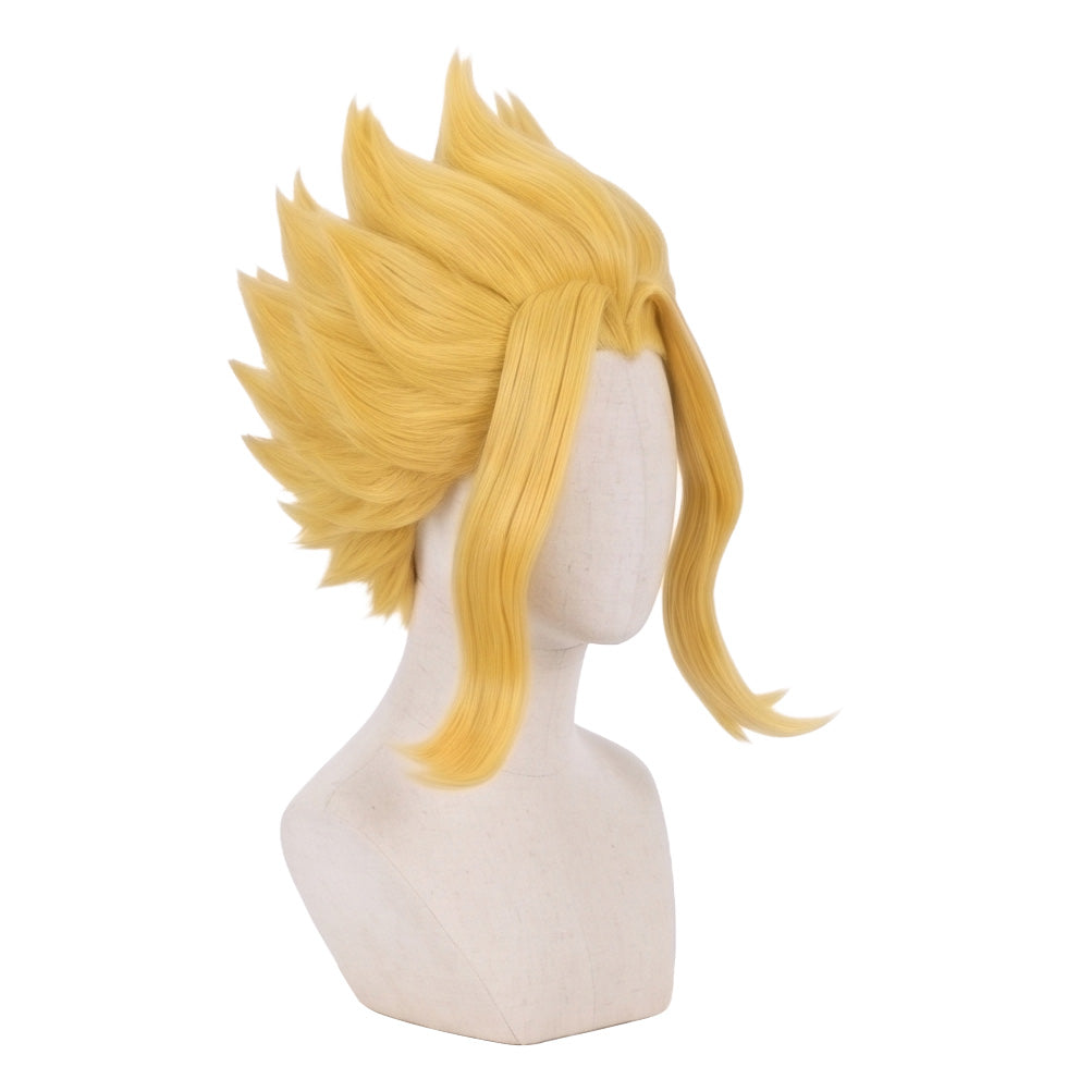 All Might true form cosplay wig displayed on mannequin with anime-accurate styling