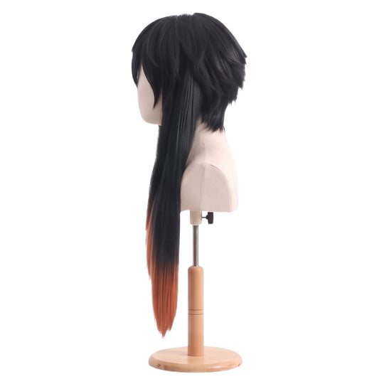 Side view of Gachiakuta Amo Empool black orange basic cosplay wig