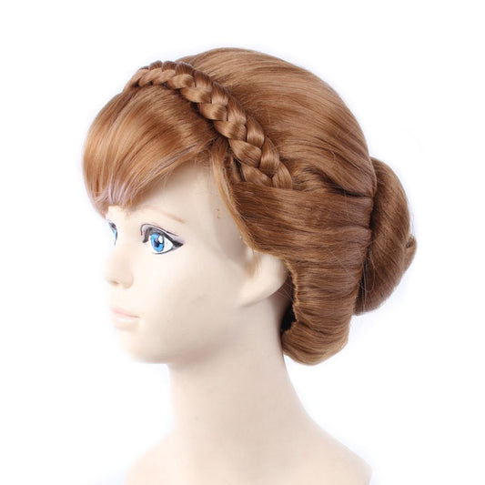 Short Brown Braid Updo Bun Wig with Bangs for Anime Anna Princess Coronation Synthetic Cosplay Hair Wigs