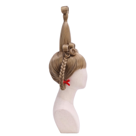 Right-side view of the Cindy Lou Who blonde cosplay wig with high looped braids and festive red ribbons.