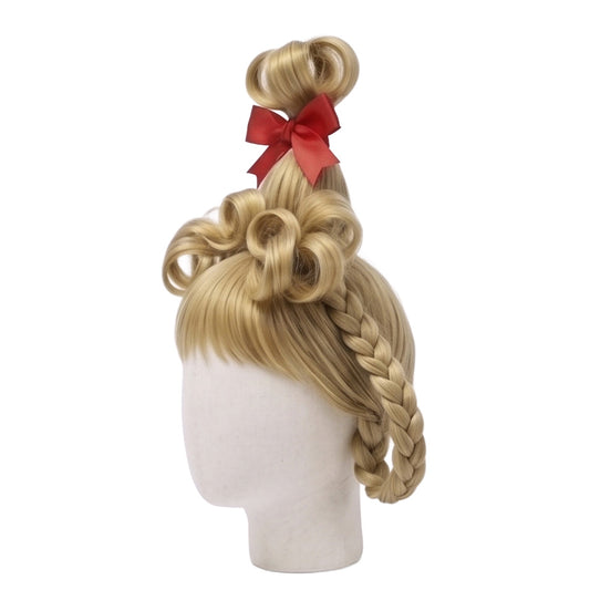 Left side view of the blonde Cindy Lou Who cosplay wig with an elaborate updo styling base