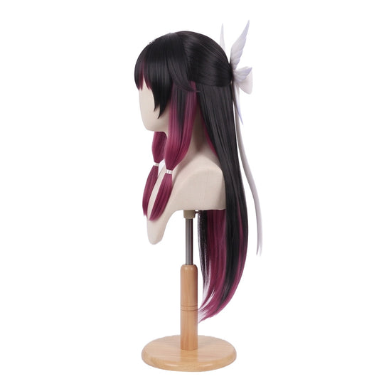 Left side view of Genshin Impact Columbina black and magenta cosplay wig