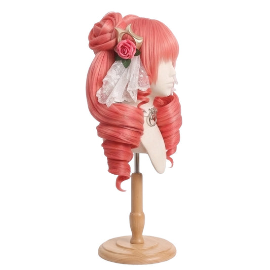 Side view of pink Gwen wig showing curled twin tail styling