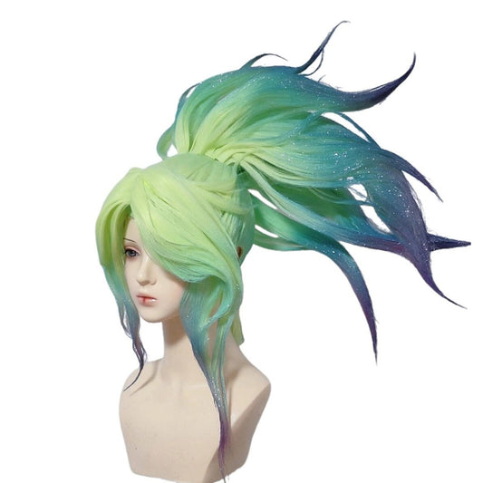 Side view of Crystal Rose Akali wig showing pastel gradient and styled layers – League of Legends cosplay wig