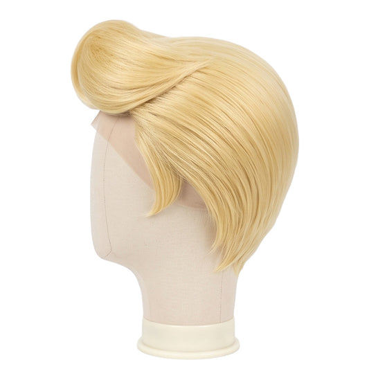 Side view of Fred cosplay wig showing swept-back golden blond layers