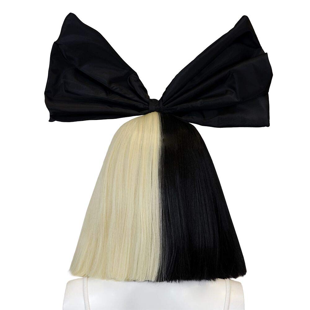 Sia Costume Cosplay Wig Half Blonde Black 2 Tone Color Short Straight Bob Wig with Big Bow