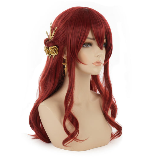 Side view of layered red Himeko wig for Honkai Star Rail cosplay
