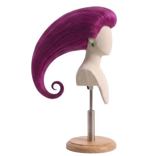 Side view of Pokémon Jessie wig showing curled comet-tail hairstyle