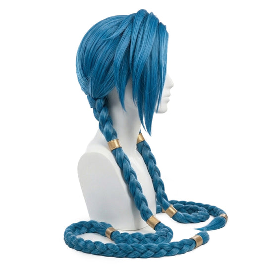 Side view showing the full length and layered styling of Jinx wig