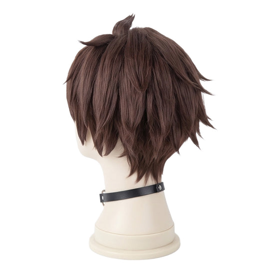 Side view of Kazuma Satou wig showing short brown layered hair, textured anime styling, and professionally crafted KonoSuba cosplay wig details