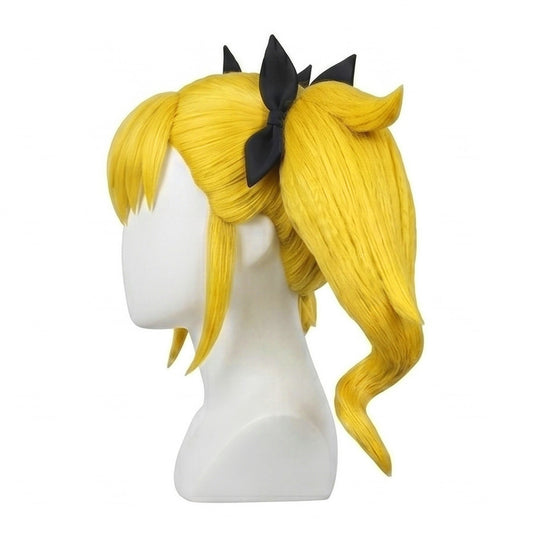 Side view of Kikoru Shinomiya wig showing flowing twin-tails and bow accents