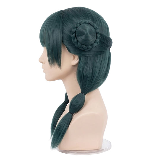 Side view of unstyled Maomao wig with dark forest-green fibers