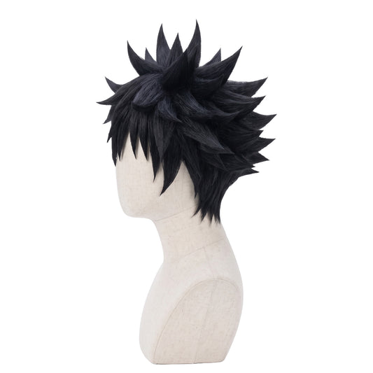 Left side view of Megumi Fushiguro wig showing textured black spikes, layered anime hair shape, and professionally styled Jujutsu Kaisen cosplay wig details