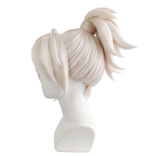 Side view of Mercy Overwatch wig showing a voluminous blonde ponytail, smooth layered hair texture, and professionally styled Valkyrie hero cosplay wig details