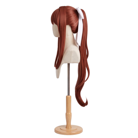 Left side view of Monika Doki Doki Literature Club cosplay wig with long coral brown hair and ponytail styling