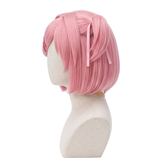 Left side view of Natsuki Doki Doki Literature Club cosplay wig with short pastel pink hair and small twin-tail
