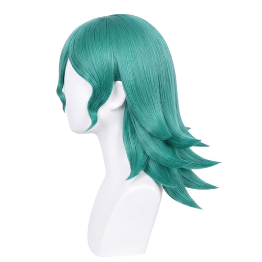 Side view of Officer Jenny wig showing smooth layered teal styling