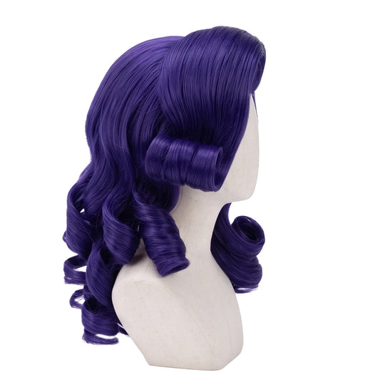 Purple Rarity cosplay wig from My Little Pony featuring a curled, side-swept hairstyle, right side view