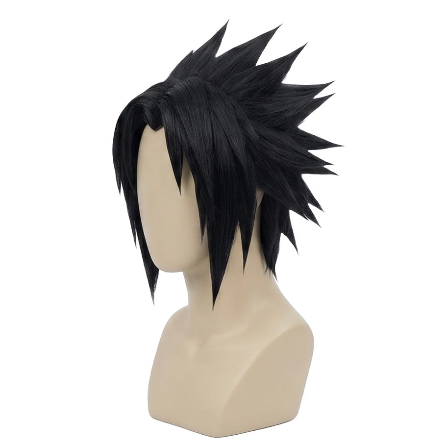 Handmade Sasuke cosplay wig displayed on mannequin for anime accuracy