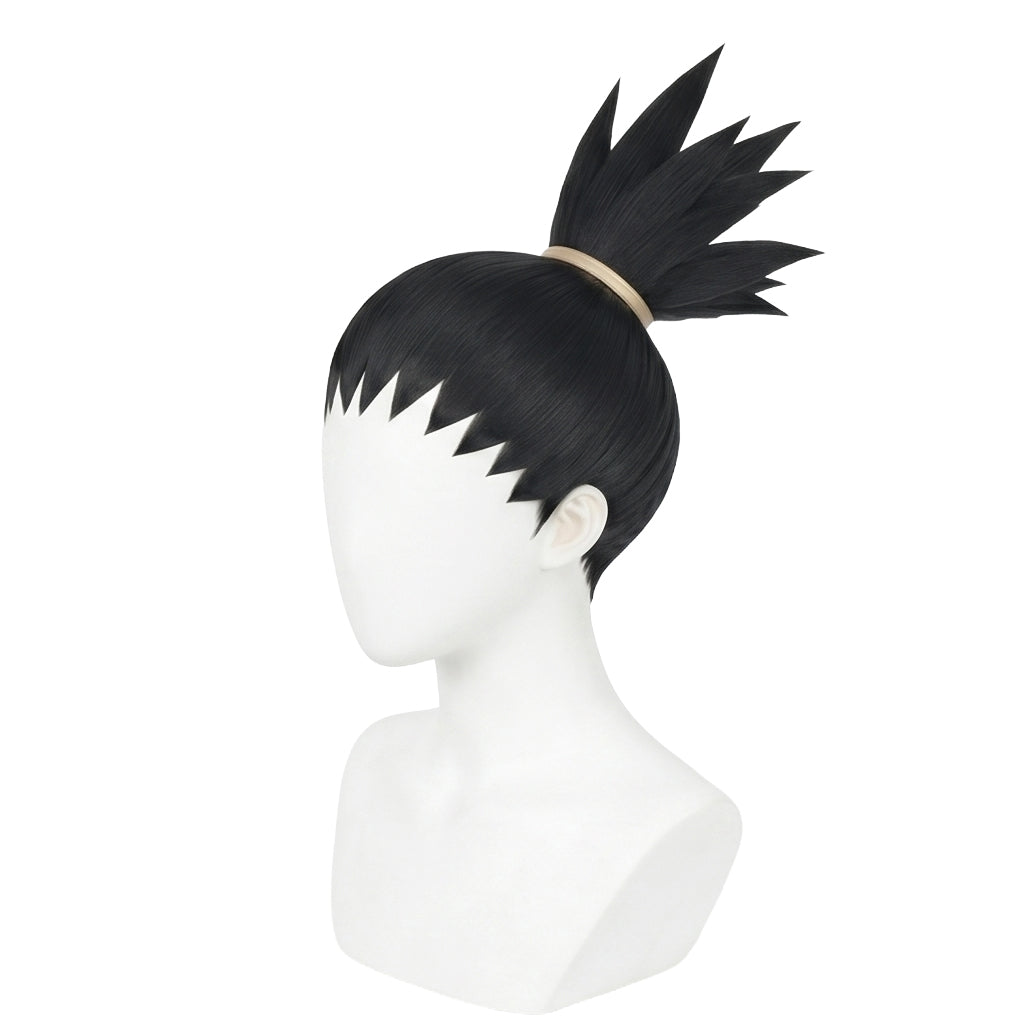 Shikamaru Nara wig fibers and spiky styling on a mannequin head with a white background