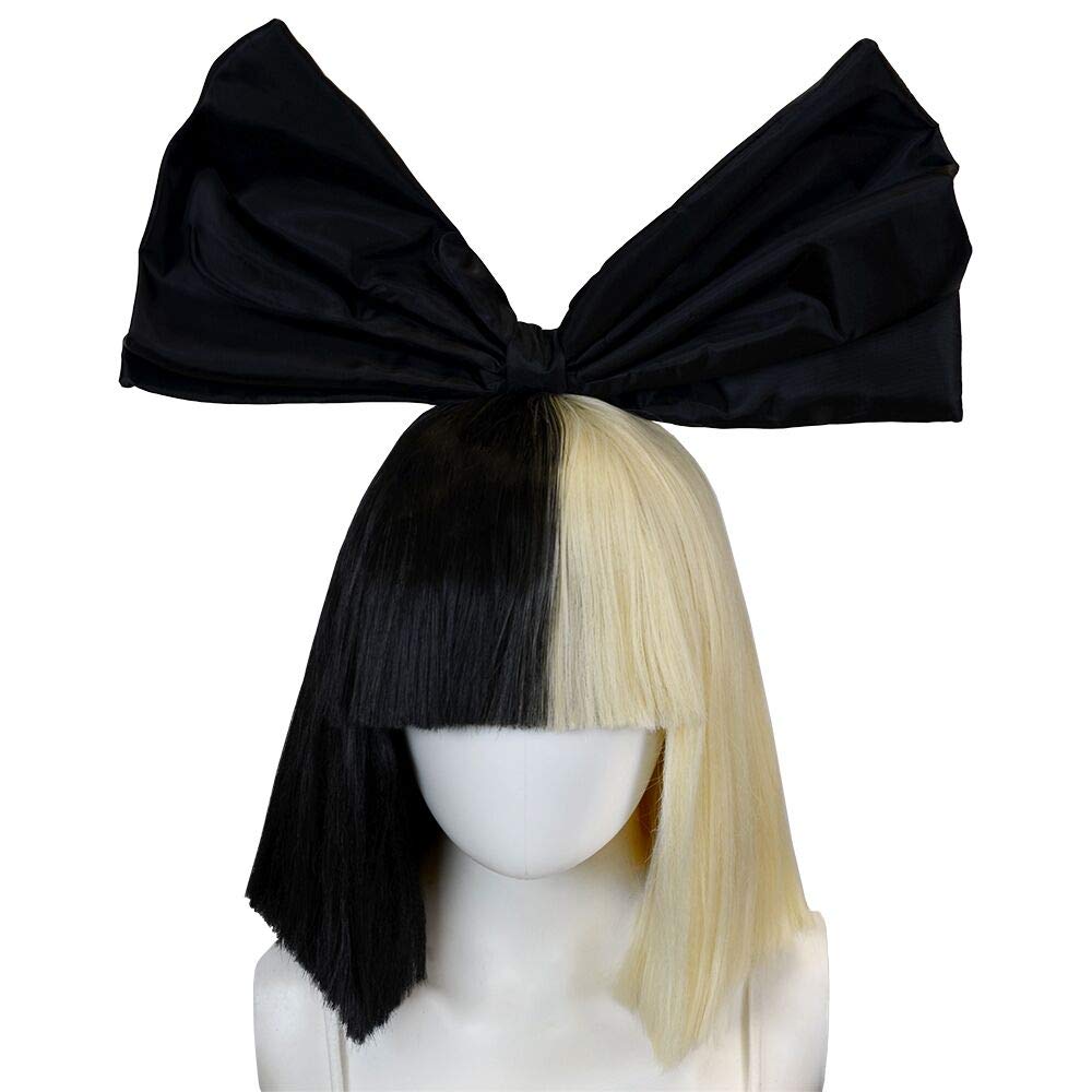 Sia Costume Cosplay Wig Half Blonde Black 2 Tone Color Short Straight Bob Wig with Big Bow
