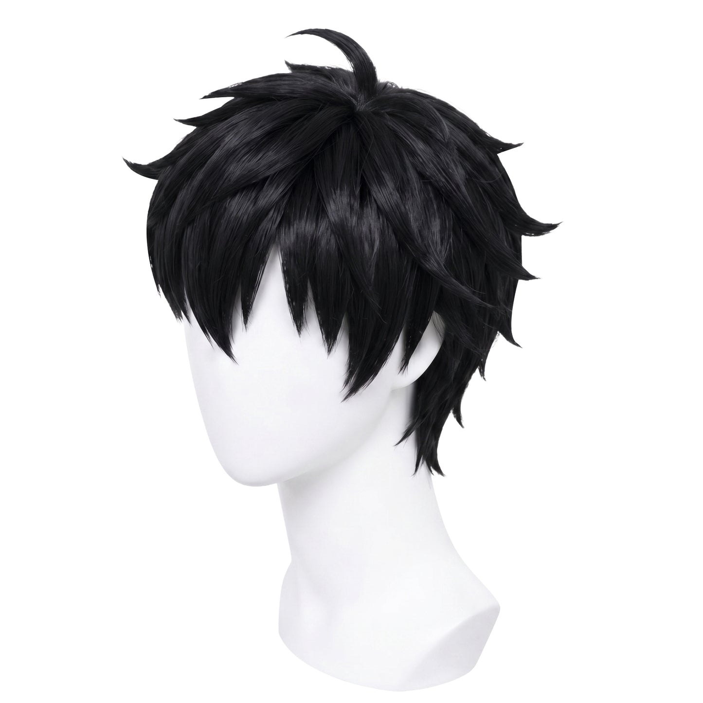 Mannequin wearing Sung Jinwoo cosplay wig for accurate Solo Leveling portrayal