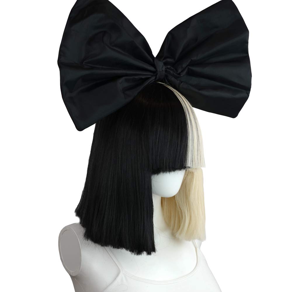 Sia Costume Cosplay Wig Half Blonde Black 2 Tone Color Short Straight Bob Wig with Big Bow
