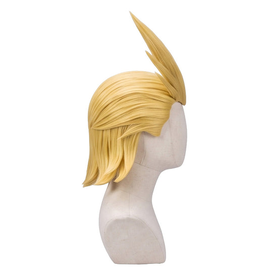 Side view of Toshinori Yagi All Might cosplay wig showing dramatic blonde spikes, voluminous layered hair, and professionally styled hero form details