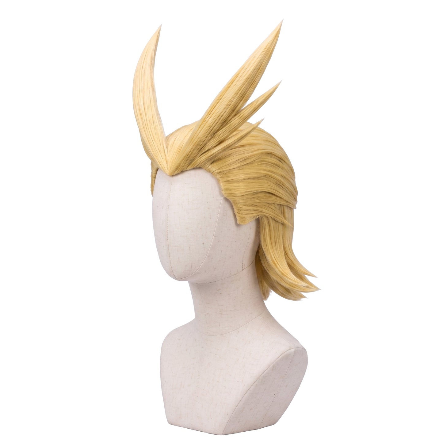 3/4 view of All Might Toshinori Yagi wig displaying bold blonde spiked layers, dynamic anime hairstyle shape, and handcrafted cosplay styling