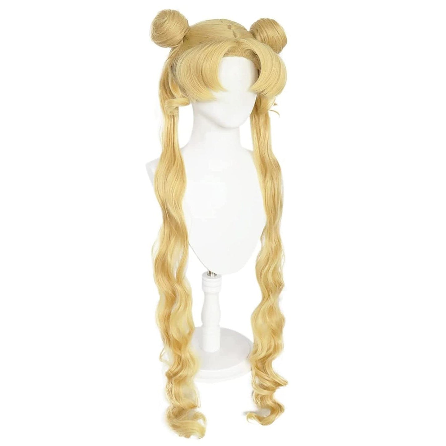 Anime Long Curly Blonde Sailor Moon Tsukino Usagi Cosplay Wig Halloween Party Synthetic Bangs Cute Wig with Buns and Two Long Ponytails