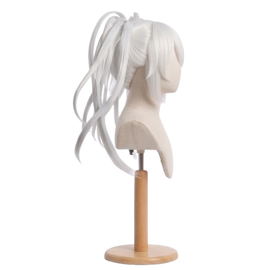 Side view of White Queen wig showing flowing twin tail hairstyle