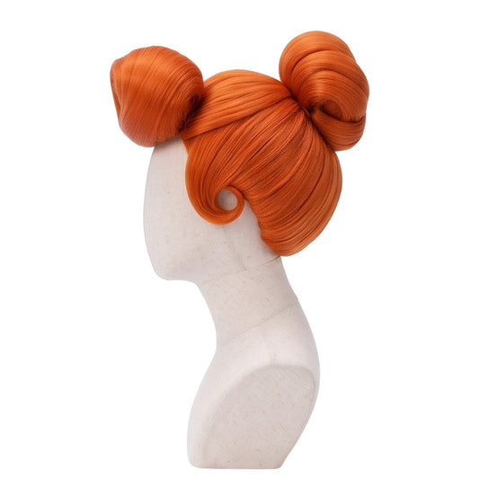 Side view of Wilma Flintstone cosplay wig showing curved hairstyle