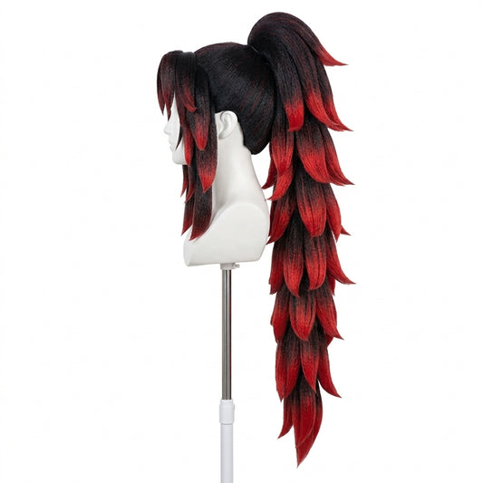 Side view of Yoriichi Kokushibo wig highlighting layered structure and natural movement, black and red wig on a mannequin head with a white background