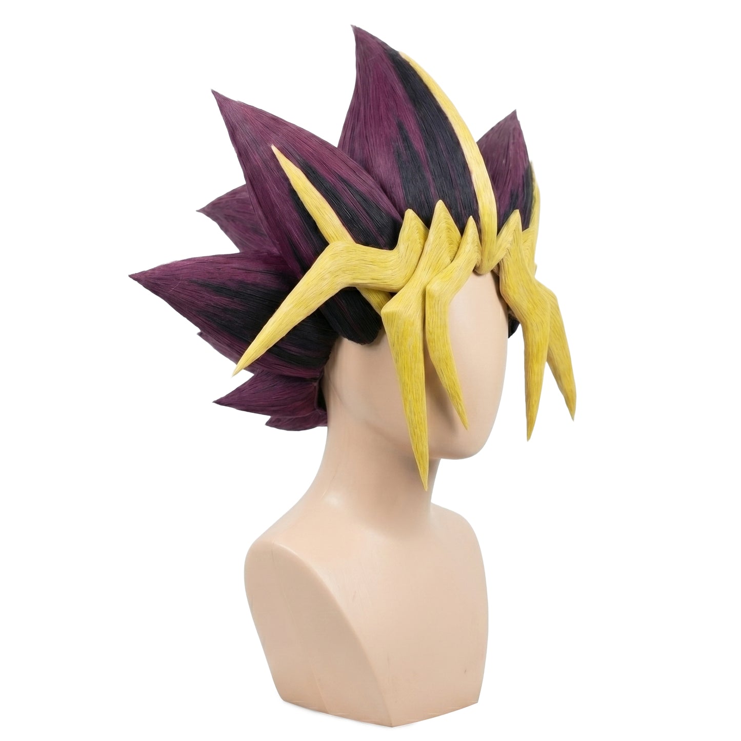 Yugi Mutou wig fiber texture showing black, magenta, and blonde colors hair on a mannequin head against a white background