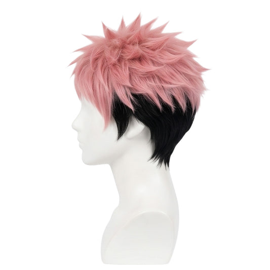 Side view of Yuji Itadori basic cosplay wig with pink and black synthetic fibers