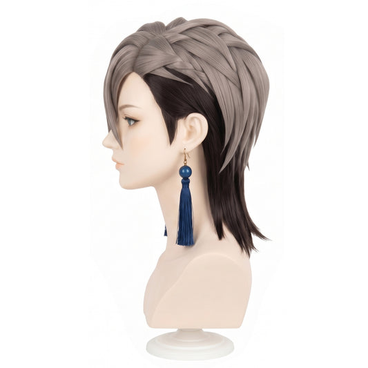 Side view of Zanka wig showing dark brown base and blonde accents