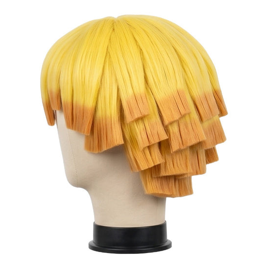 Side view of unstyled Zenitsu wig with yellow synthetic fibers