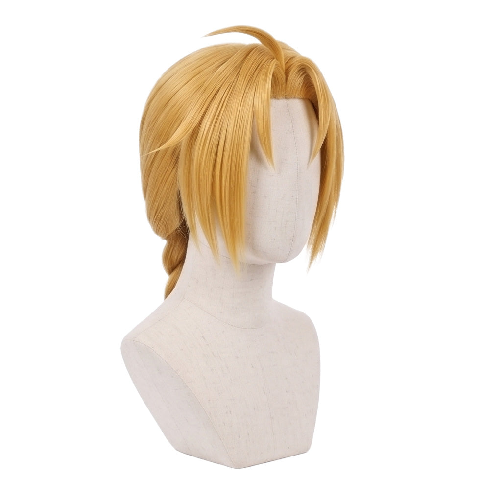3/4 view of Edward Elric cosplay wig displaying golden blonde anime hair, face-framing bangs, shoulder-length braid, and handcrafted character styling