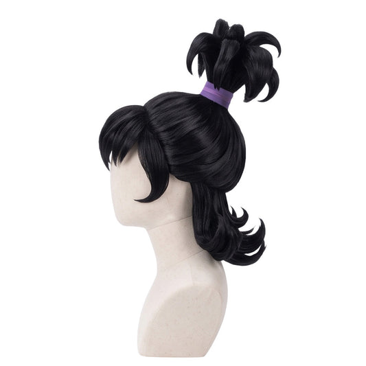 Side view of Lydia Deetz wig showing curled hair ends and layered bangs