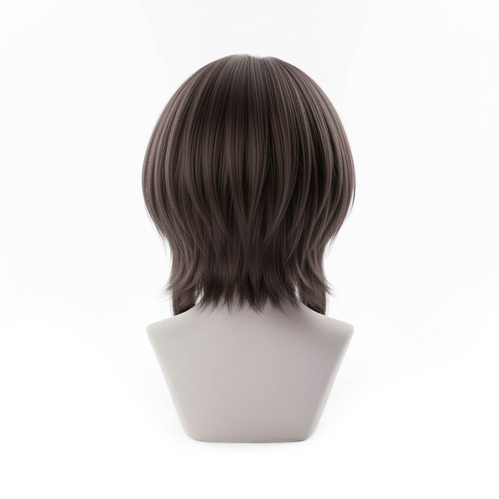Back view of Megumin wig displaying length and layered brown hair