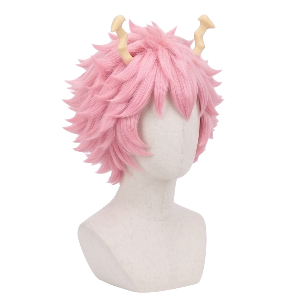 3/4 view of Mina Ashido cosplay wig displaying vibrant pink fluffy hair, unruly anime-style layers, and handcrafted hero character wig design