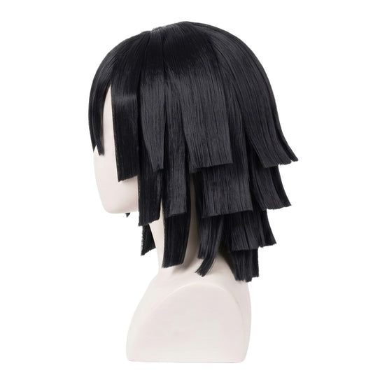Side view of Obanai Iguro wig showing shoulder-length layered styling