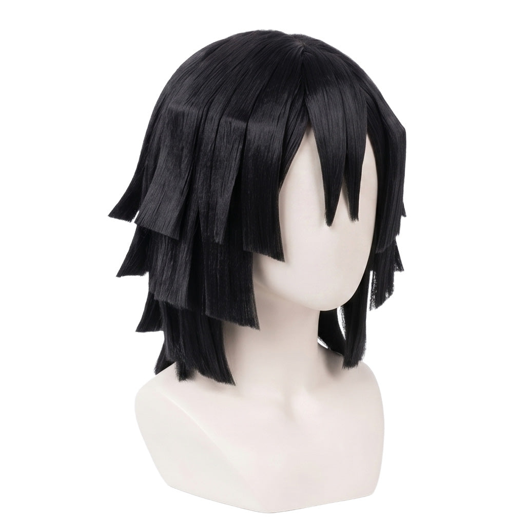 Handmade Obanai Iguro cosplay wig displayed on mannequin with anime-accurate styling