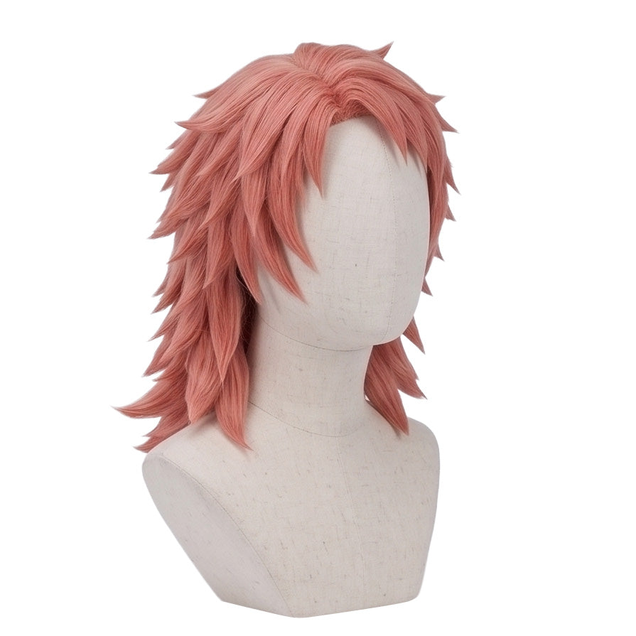 3/4 view of Sabito cosplay wig displaying thick peach spiky anime hair, messy layered texture, side micro bangs, and character-accurate Demon Slayer styling