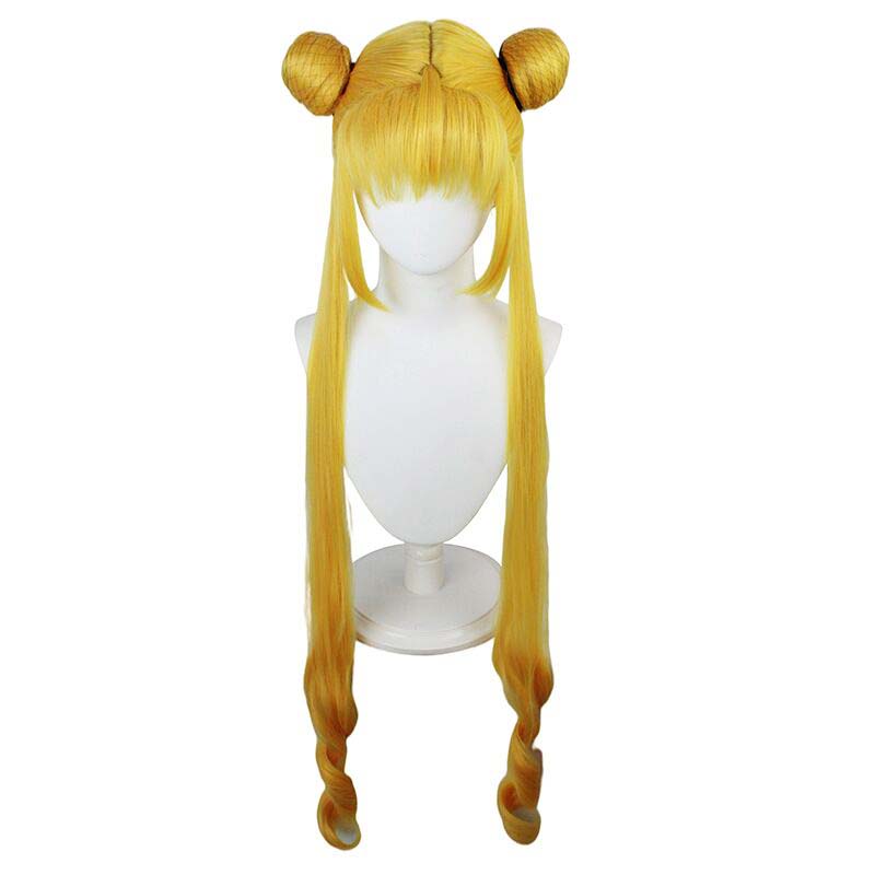 Anime Long Curly Blonde Sailor Moon Tsukino Usagi Cosplay Wig Halloween Party Synthetic Bangs Cute Wig with Buns and Two Long Ponytails