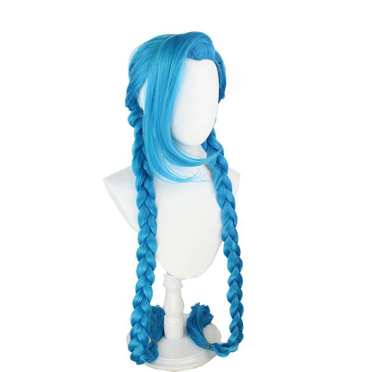 Long Blue Braided Wig for Jinx Cosplay Wig with Bangs League of Legends Anime Game Hair Synthetic Hair Wigs Game Cosplay Costume
