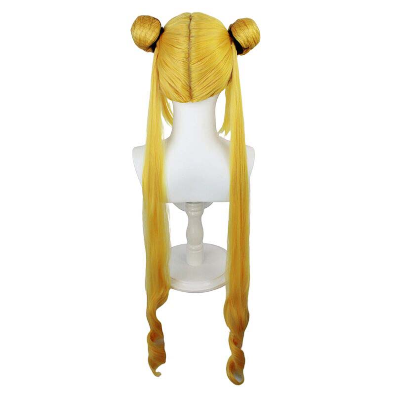 Anime Long Curly Blonde Sailor Moon Tsukino Usagi Cosplay Wig Halloween Party Synthetic Bangs Cute Wig with Buns and Two Long Ponytails