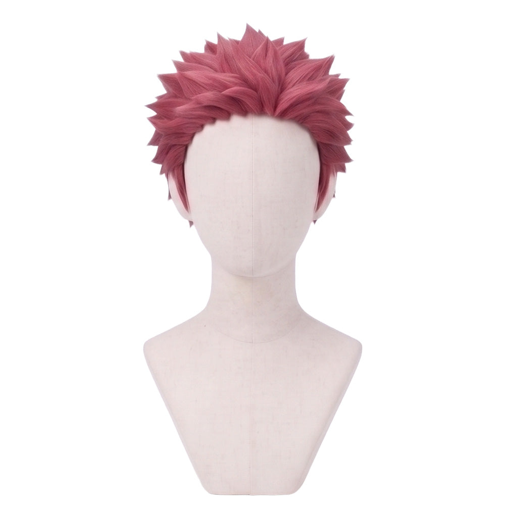 Front view of Akaza Demon Slayer cosplay wig with pink spiky hair