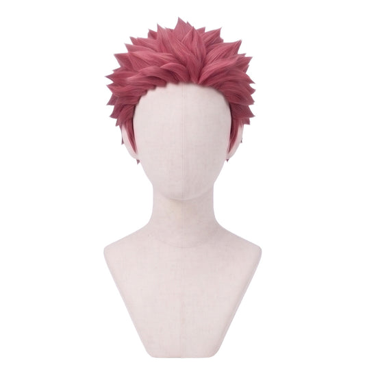 Front view of Akaza Demon Slayer cosplay wig with pink spiky hair