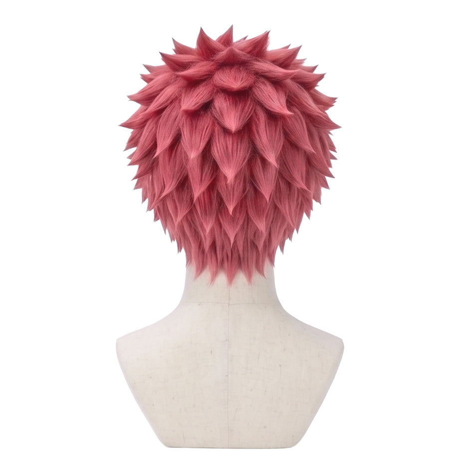 Back view of short pink Akaza cosplay wig with unstyled fibers